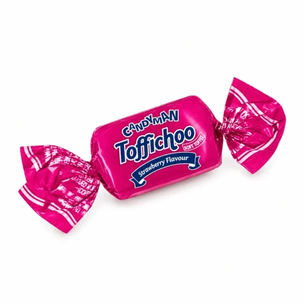 Candyman Toffichoo strawberry soft toffee wrapper on a white background