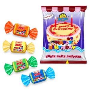 Happy Birthday fruit cake toffees packaging on a white background