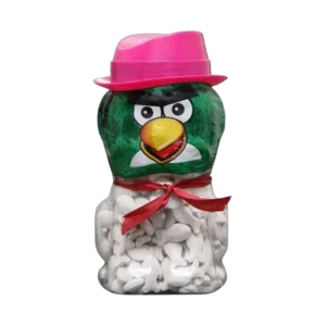 Rinka's Angry Spicy Fish Candy in green character jar with pink hat and fish-shaped candies