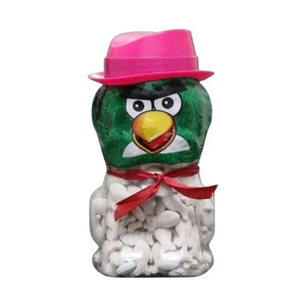 Rinka's Angry Spicy Fish Candy in green character jar with pink hat and fish-shaped candies